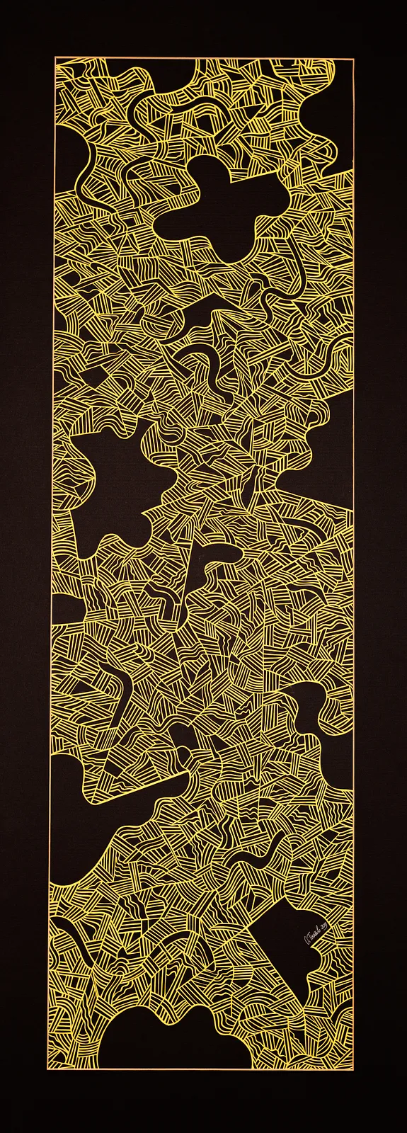 Image of Signs and Questions (Yellow) by Olha Hnativ, size: 100x30cm, made of Paper, papercutting, Papercut medium, from Lviv, priced at $700 Photo 1 of 5.