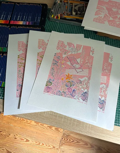 Image of Hideout by Olha Hnativ, size: 42х30, made of linocut, colored pencils, Linocut medium, from Lviv, priced at $120 Photo 2 of 2.