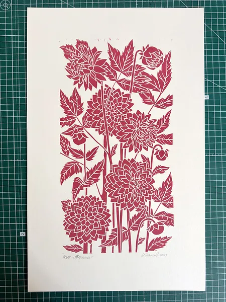 Image of Dahlias by Olha Hnativ, size: 45х28, Linocut medium, from Lviv, priced at $75