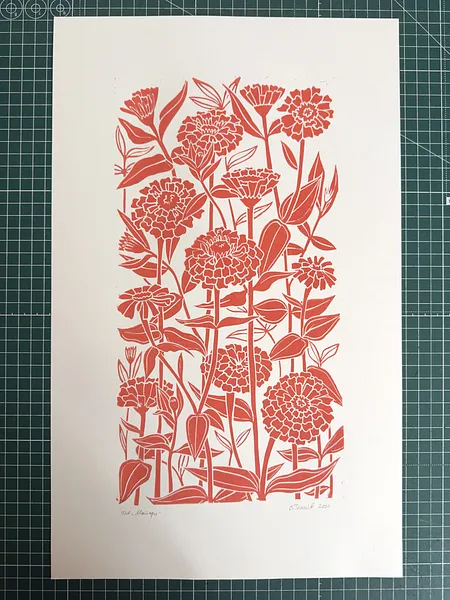 Image of Zinnias by Olha Hnativ, size: 45х28, Linocut medium, from Lviv, priced at $75
